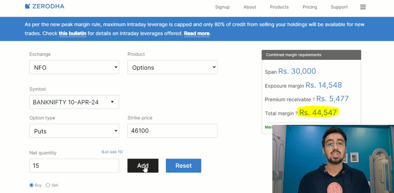 Zerodha margin calculator after adding a bought 46,100 put: total margin ₹44,547