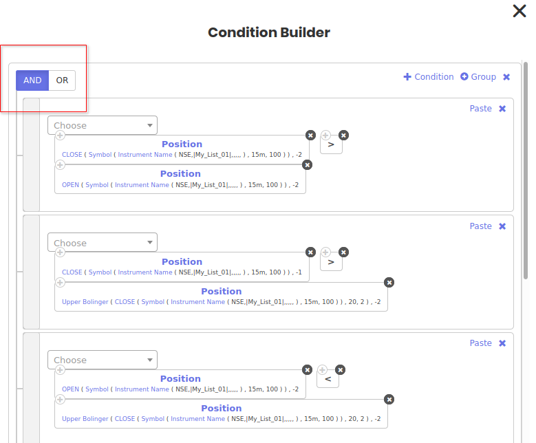AND కండిషన్లతో Tradetron condition builder: position -2 వద్ద ఉన్న candle కు close open పైన, close, open రెండూ Upper Bollinger band పైన