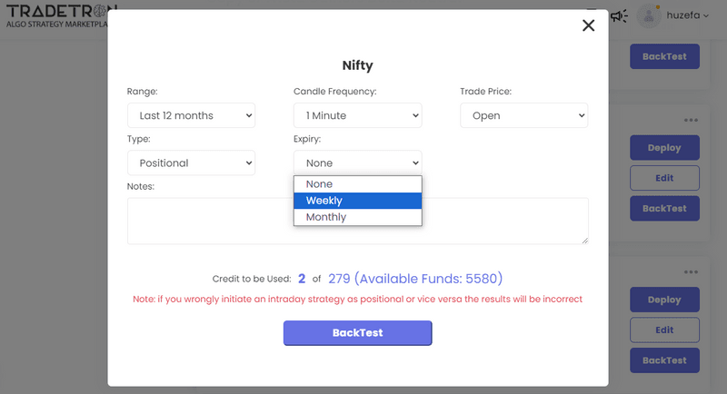 Tradetron backtest form with Type set to Positional and the Expiry dropdown open, showing None, Weekly and Monthly