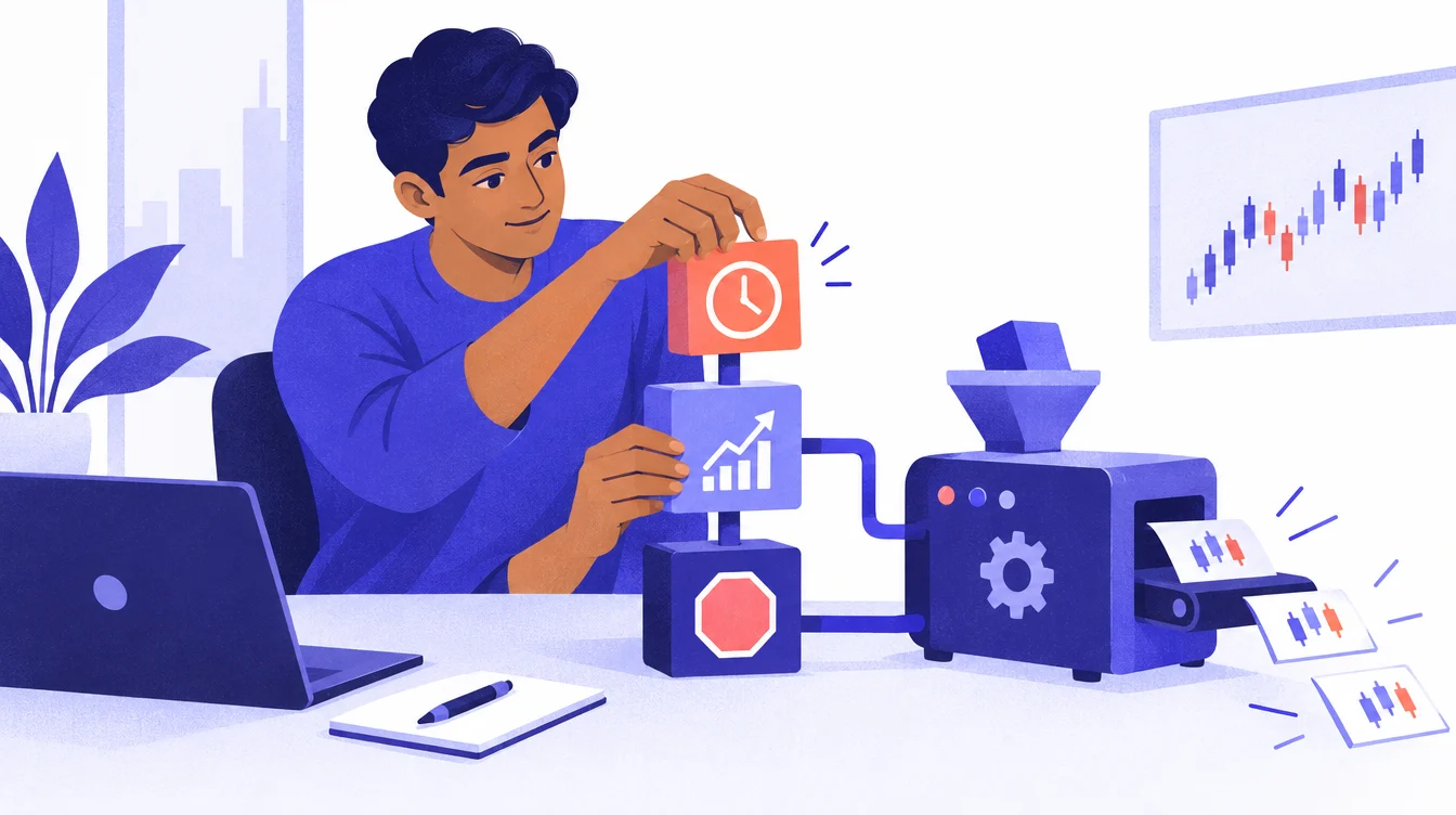 Illustration of a trader building a strategy from blocks instead of code