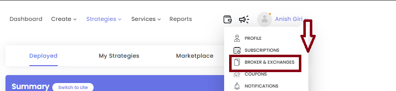 Tradetron का profile menu जिसमें Broker & Exchanges highlighted है