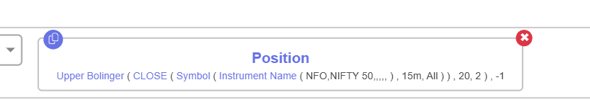 Tradetron keyword: NIFTY 50 close యొక్క Upper Bollinger band Position, 15-నిమిషాల candles, period 20, 2 standard deviations