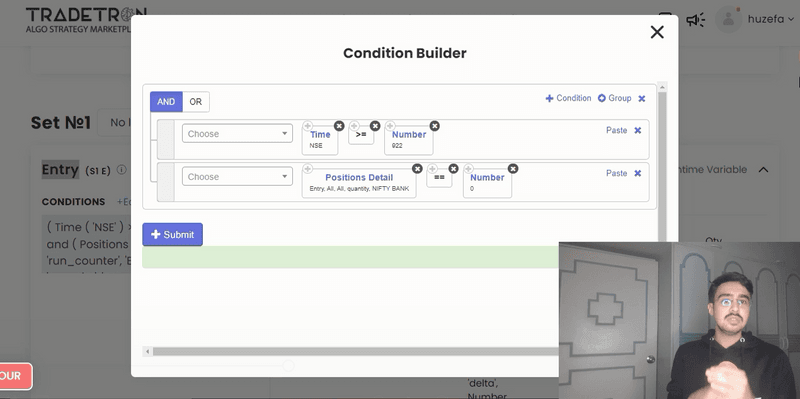 Tradetron condition builder showing the entry: Time (NSE) >= 922 AND Positions Detail quantity == 0