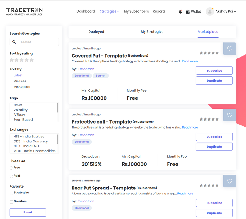 Tradetron Marketplace page, जिसमें बाईं तरफ search, sort और filter options हैं और दाईं तरफ Subscribe और Duplicate buttons वाले strategy cards