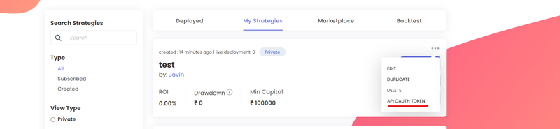 Edit, Duplicate, Delete, API OAuth Token ఆప్షన్లతో My Strategies కార్డ్ మెనూ