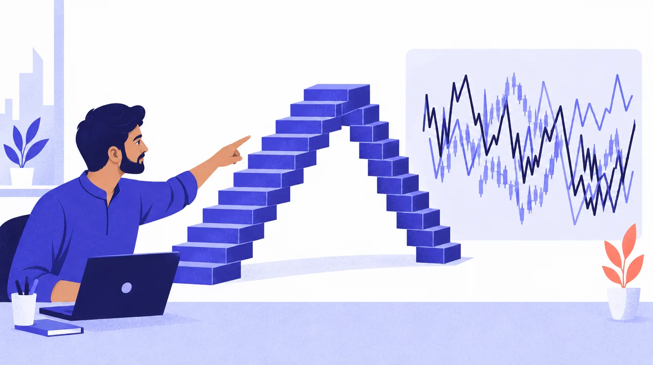 સામાન્ય ભાવ chart ના noise ને Renko bricks કેવી રીતે ગાળી નાખે છે તેનું ચિત્ર