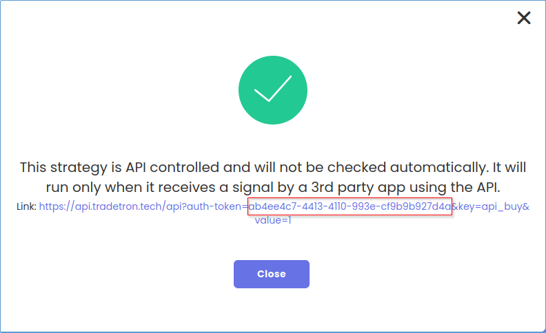 लिंक केल्यानंतर नवीन तयार झालेला API token दाखवणारे Tradetron