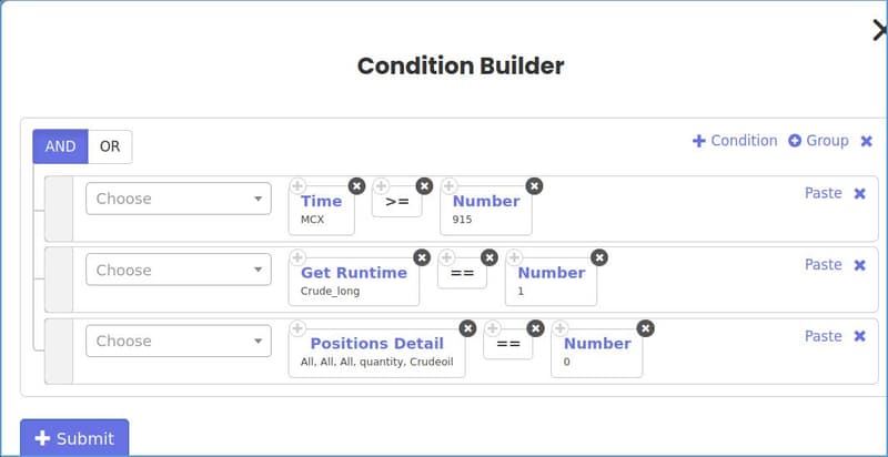 Set 1 entry दाखवणारा Tradetron condition builder: start time, Crude_long चा Get Runtime 1 च्या बरोबर, आणि Positions Detail तपासणी