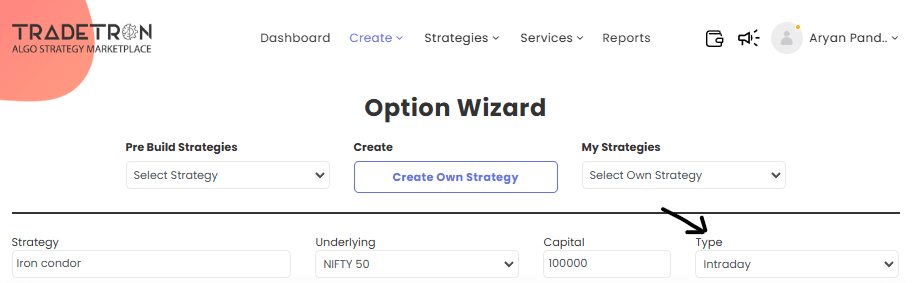 Iron condor नावाची स्ट्रॅटेजी, underlying NIFTY 50 आणि प्रकार Intraday सेट केलेला Tradetron Option Wizard