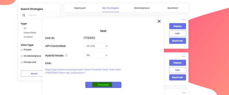 API Controlled డ్రాప్-డౌన్ Un Link కి సెట్ చేసి, Proceed బటన్ ఉన్న API OAuth Token విండో