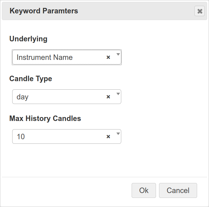 సింబల్ కోసం Keyword Parameters డైలాగ్: Underlying ను Instrument Name గా, Candle Type day, Max History Candles 10
