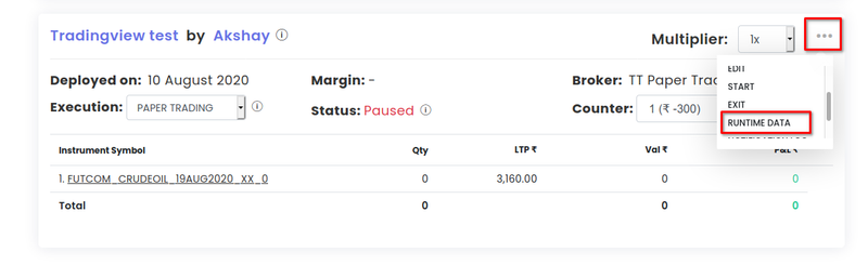 TradingView कडून आलेले variables दाखवणारा Tradetron deployment वरचा Runtime Data व्ह्यू