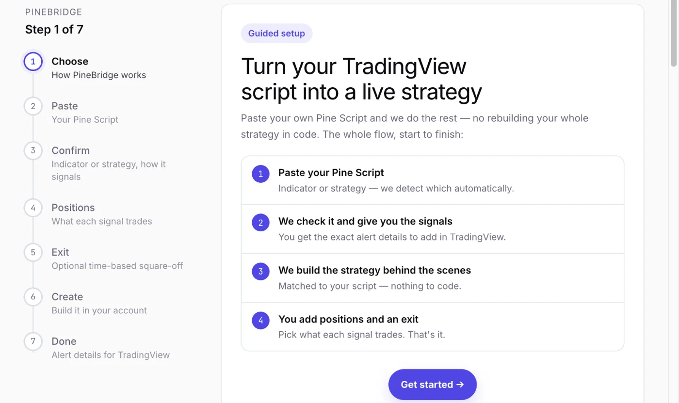 PineBridge overview: paste your Pine Script, get the alert details, Tradetron builds the strategy, then you add positions and an exit