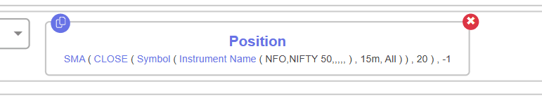 Tradetron keyword: NIFTY 50 close యొక్క SMA Position, 15-నిమిషాల candles, period 20, చివరి closed candle