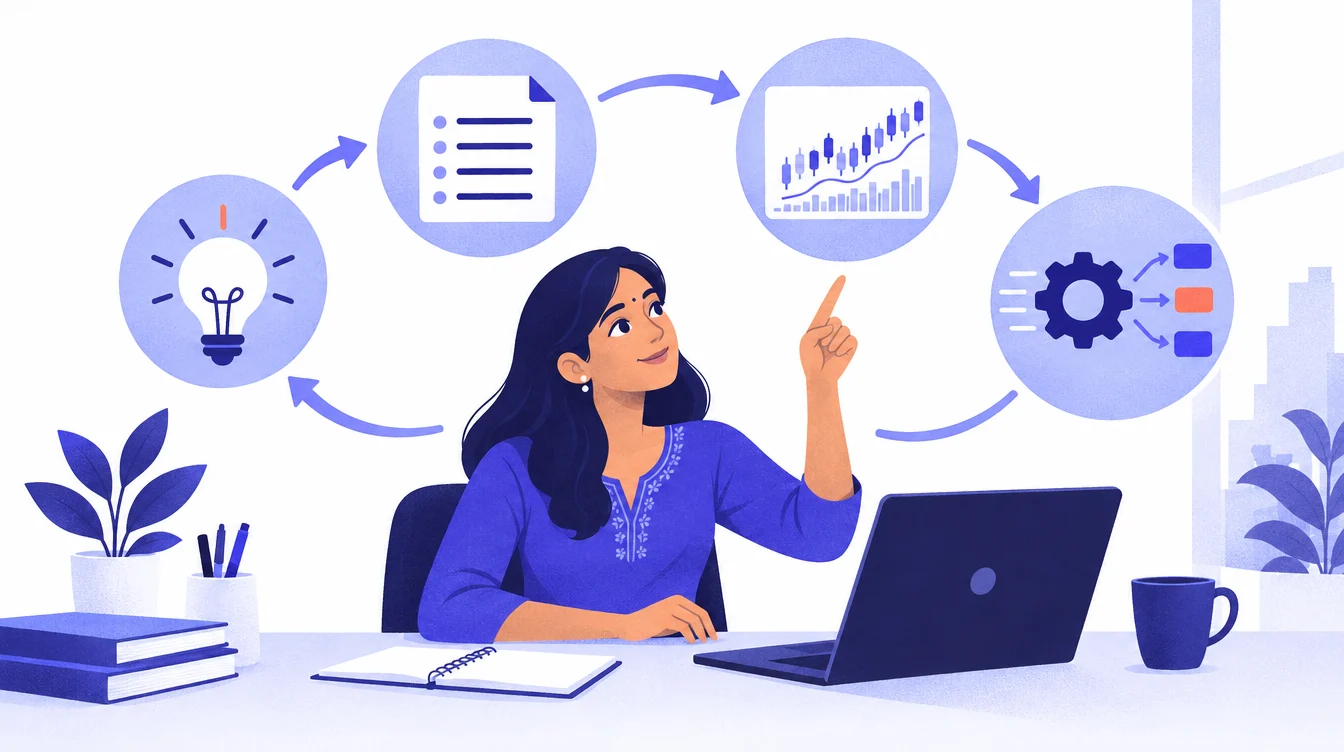 कल्पनेपासून नियम, टेस्टिंग आणि live ऑर्डरपर्यंतच्या algo trading चक्राचे चित्र