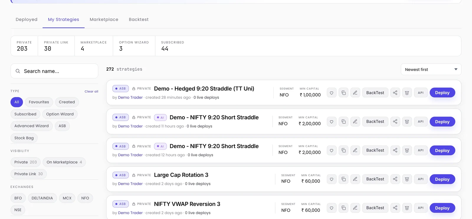 ప్రతి వరుసలో segment, minimum capital మరియు Deploy బటన్‌తో strategies లిస్ట్ చేసిన Tradetron My Strategies పేజీ