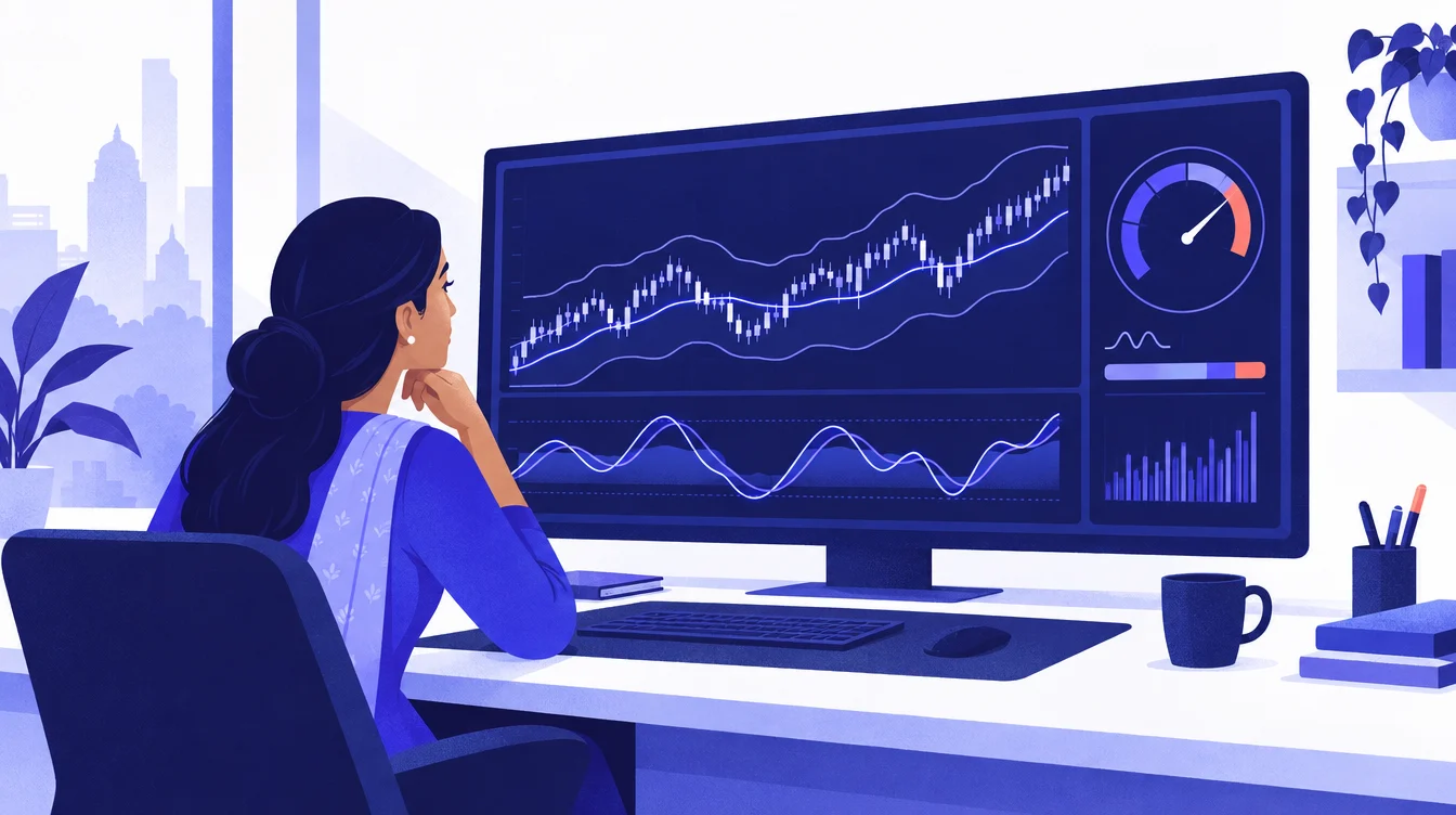 एक ट्रेडर options चार्ट पर कई indicators को कॉकपिट डैशबोर्ड की तरह पढ़ते हुए, चित्र