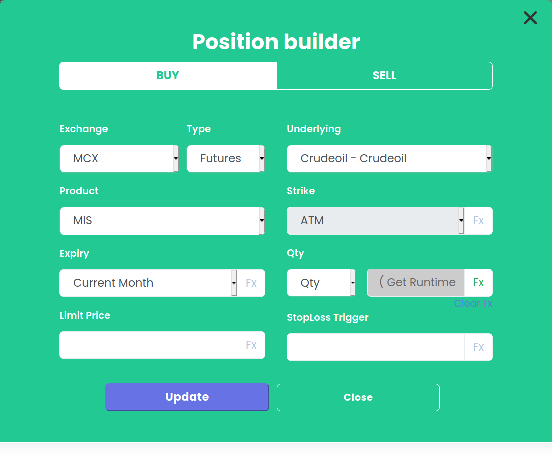 Crude Oil futures leg असलेला Set 1 साठीचा Tradetron position builder