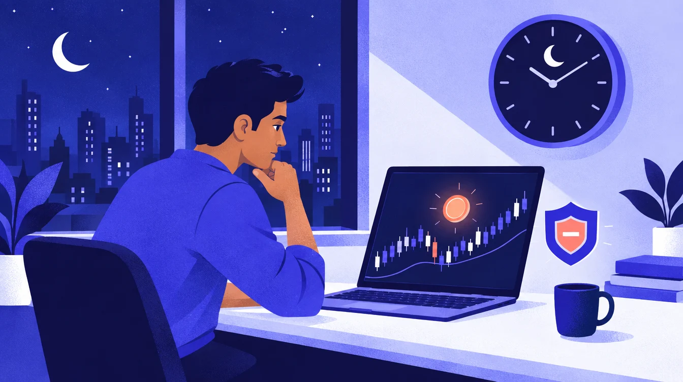 रात में क्रिप्टो स्ट्रैटेजी चलाता एक ट्रेडर, stop loss ढाल की तरह