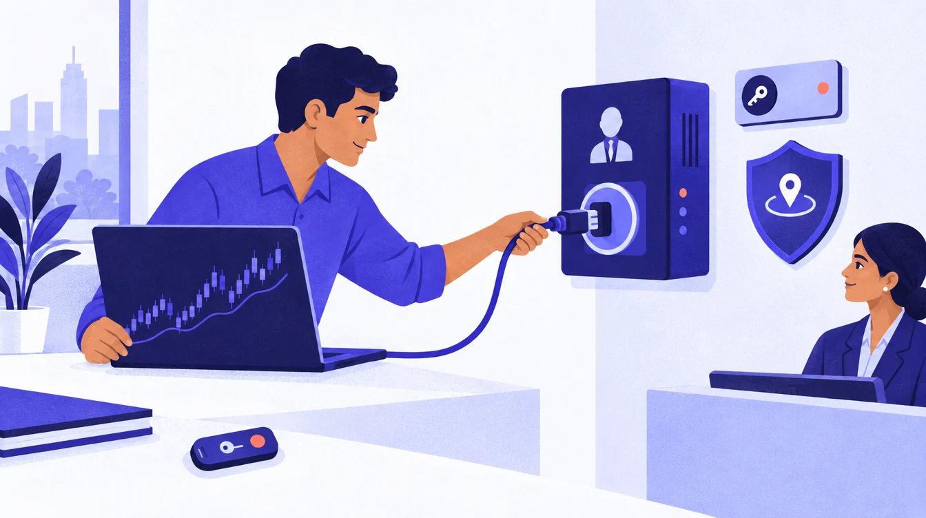Automated trading కోసం broker ని connect చేస్తున్న ఒక trader చిత్రం