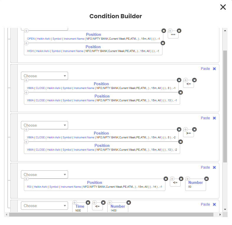 WMA, Heikin Ashi close, RSI మీద Heikin Ashi Position conditions, ఒక Time condition ఉన్న Condition builder