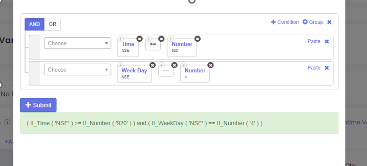 Tradetron condition builder showing two conditions joined by AND: Time (NSE) greater than or equal to 920, and Week Day (NSE) equal to 4, with the formula shown below