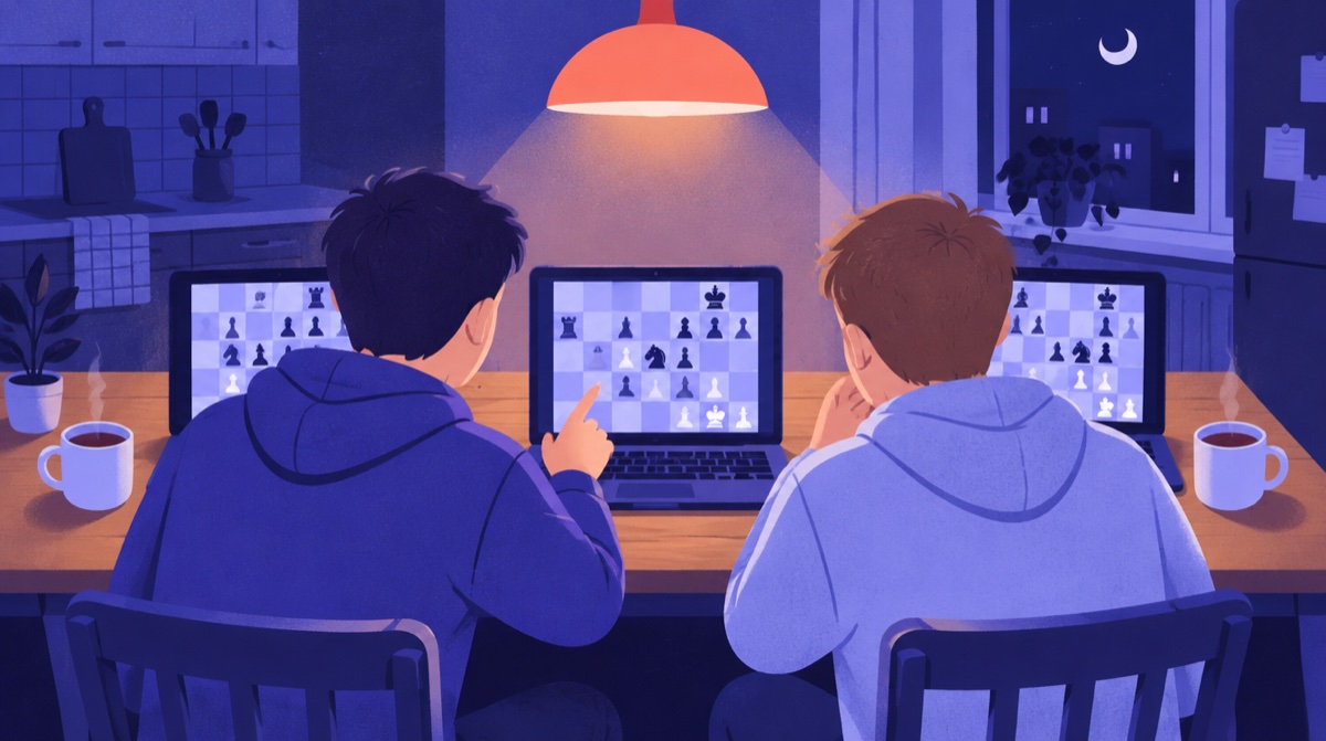 रात में रसोई की मेज़ पर बैठे दो शौकिया chess खिलाड़ी, सामने तीन laptops पर chess की बाज़ियाँ