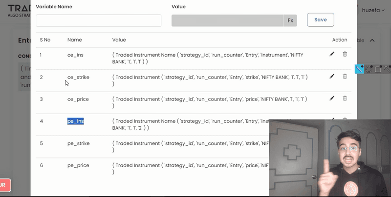Tradetron runtime variables table with ce_ins, ce_strike, ce_price, pe_ins, pe_strike and pe_price, each set from the Traded Instrument keyword