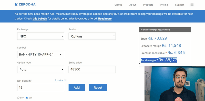 Zerodha margin calculator: selling 15 BANK NIFTY 48,300 puts shows total margin of ₹88,177
