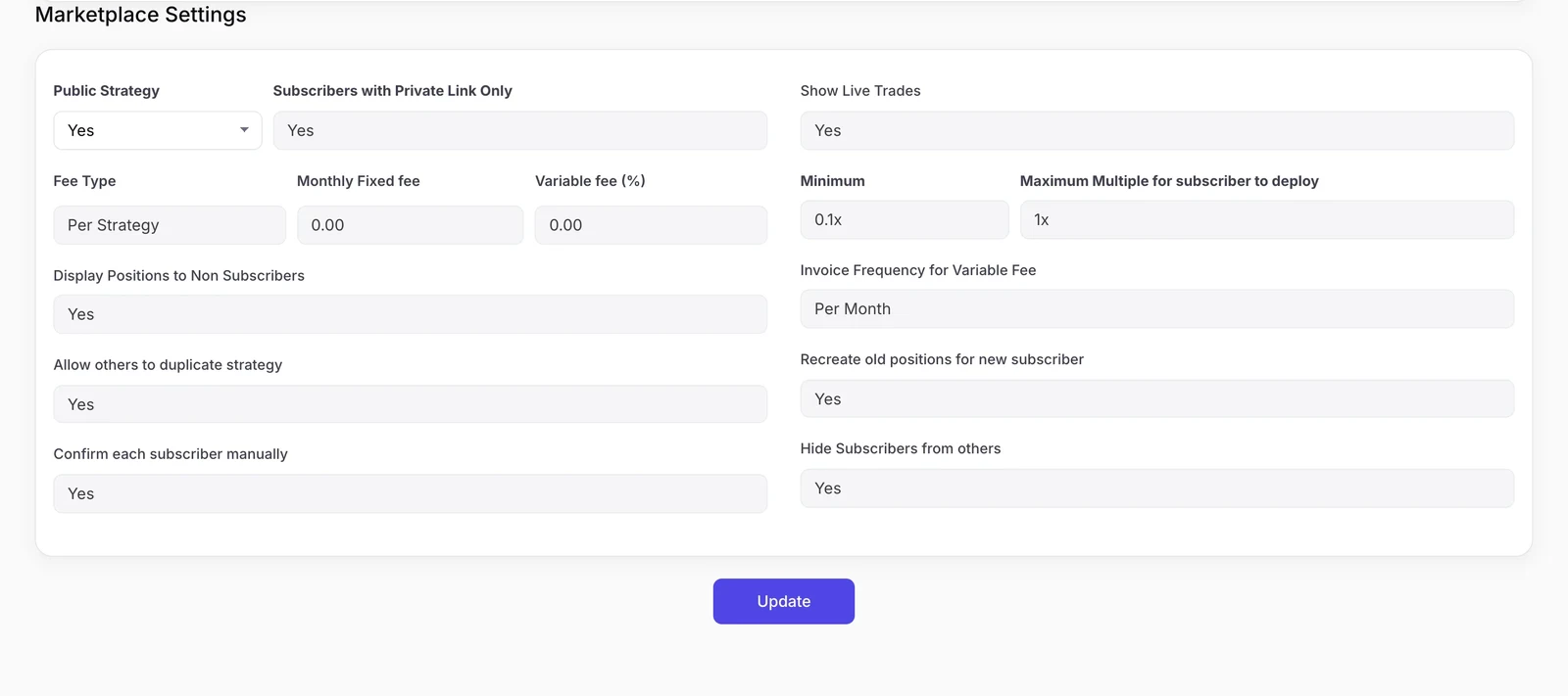 Tradetron का Marketplace Settings panel: public strategy, private link, fee type और रकम, positions दिखाना, duplication, subscriber की manual पुष्टि, live trades दिखाना, minimum और maximum multiple, invoice frequency