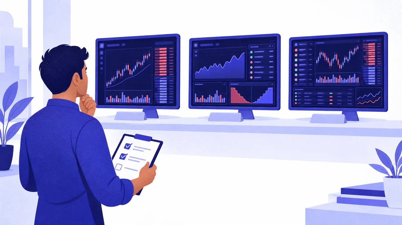 एक trader checklist के साथ trading terminals की तुलना कर रहा है, इसका चित्र