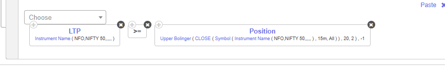 Tradetron condition: 15-minute चार्ट पर NIFTY का LTP upper Bollinger Band (20, 2) से बड़ा या बराबर