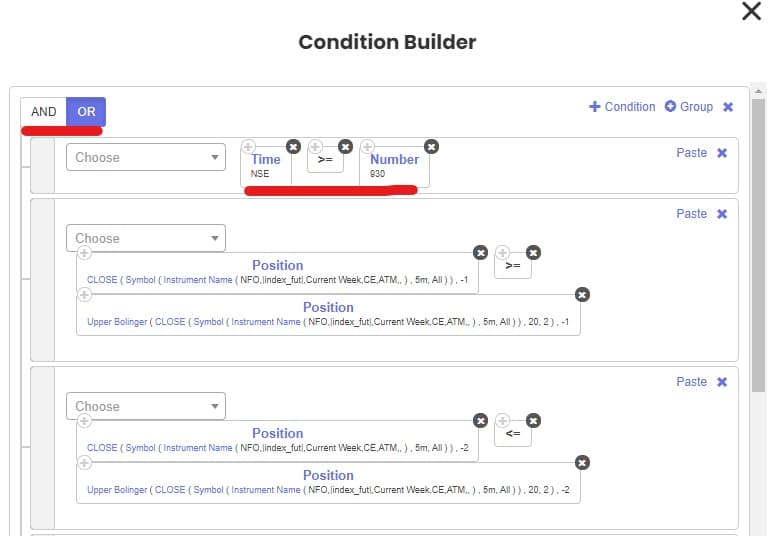 logic ని OR కి మార్చి, రెండు Position conditions పైన Time ≥ 915 condition పెట్టిన Condition builder