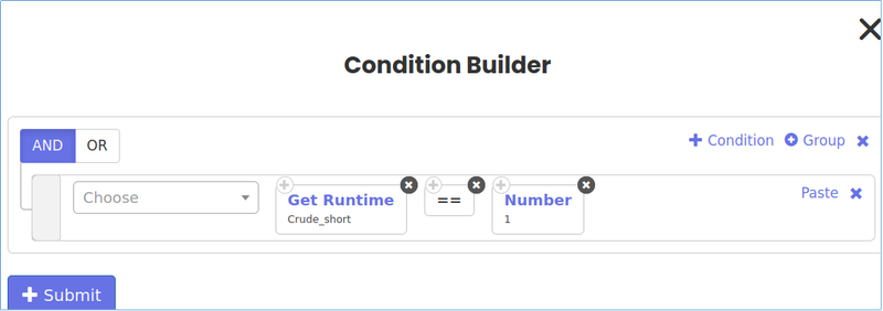 Crude_short variable वर आधारित Set 1 exit condition दाखवणारा Tradetron condition builder