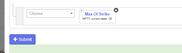 Tradetron condition builder जिसमें Max OI Strike keyword NIFTY, current week, CE पर सेट है