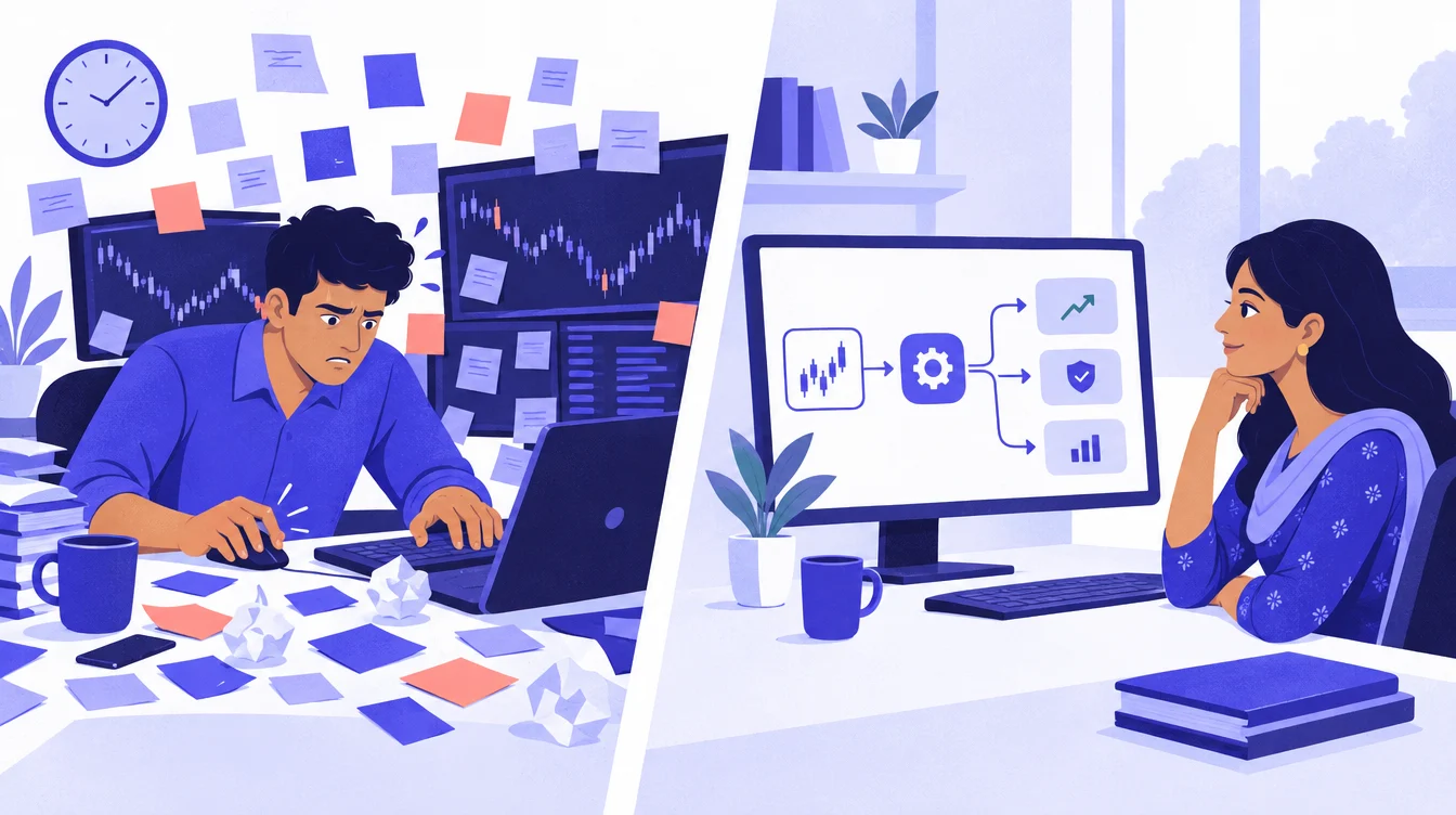 Manual trading અને નિયમ આધારિત automation ની સરખામણી કરતું ચિત્ર
