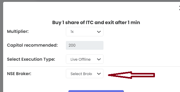 Multiplier 1x, Capital recommended, Live Offline కి సెట్ చేసిన Execution Type మరియు broker drop-down తో Tradetron Deploy విండో