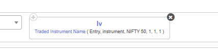 Tradetron condition builder जिसमें Iv keyword, Set 1 के entry leg में ट्रेड हुए NIFTY 50 option की implied volatility पढ़ रहा है