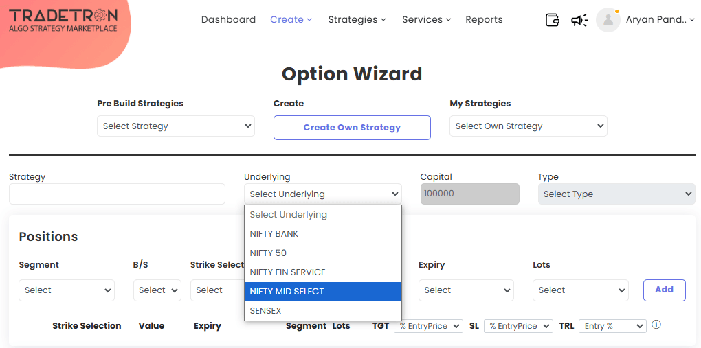 Underlying dropdown उघडलेला Tradetron Option Wizard, ज्यात NIFTY BANK, NIFTY 50, NIFTY FIN SERVICE, NIFTY MID SELECT आणि SENSEX दिसत आहेत