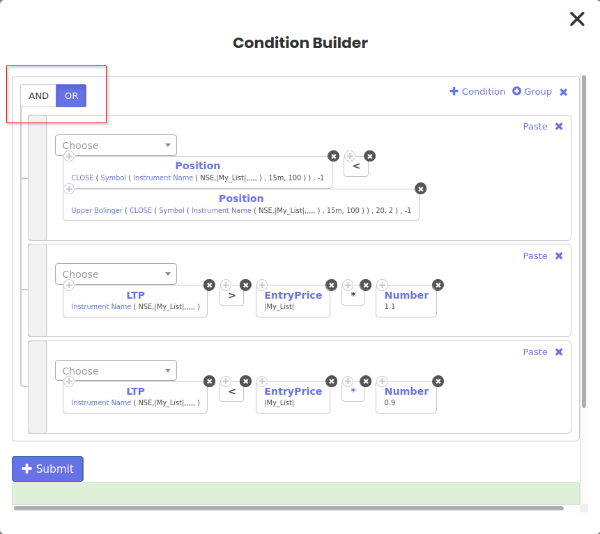OR తో Tradetron condition builder: Upper Bollinger band కింద close, లేదా LTP EntryPrice × 1.1 పైన, లేదా LTP EntryPrice × 0.9 కింద