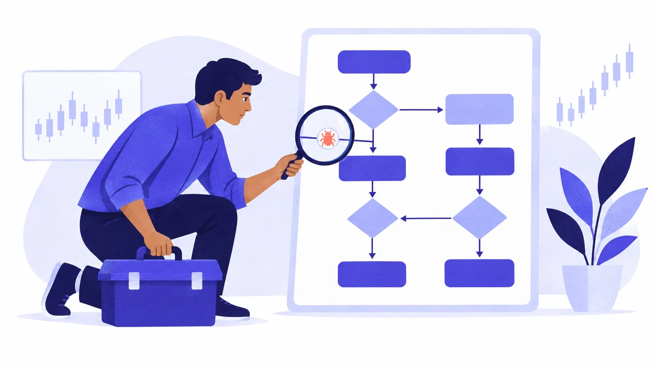 ట్రేడ్ చేయని strategy‌ను debug చేస్తున్న ట్రేడర్ చిత్రం