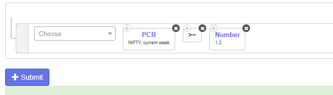 Tradetron condition: NIFTY current week का PCR 1.2 से बड़ा या बराबर