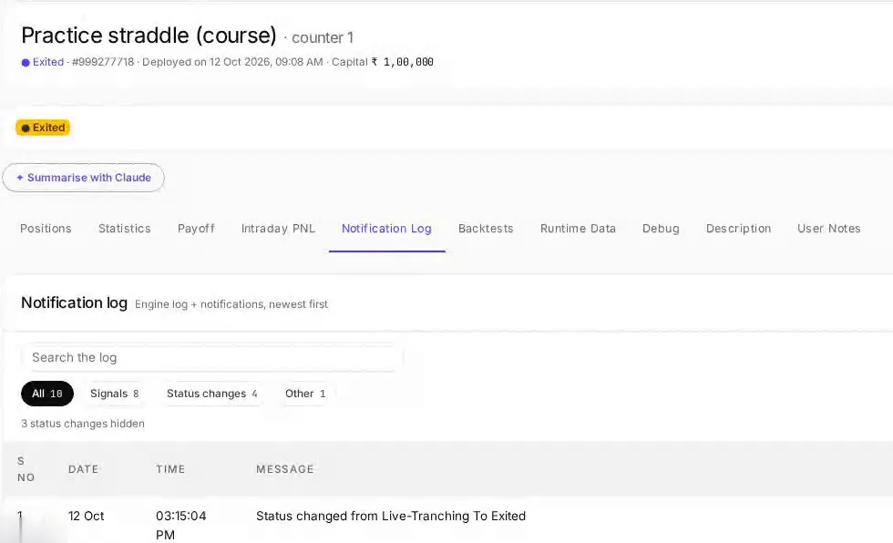 Notification log at 3:15:04 pm on 12 Oct: status changed from Live-Tranching to Exited