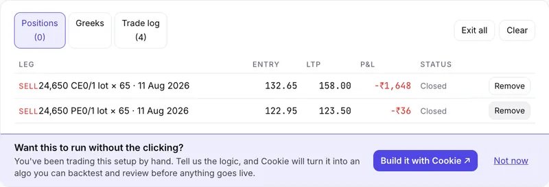 Two closed straddle legs in the simulator with a prompt reading Want this to run without the clicking, and a Build it with Cookie button